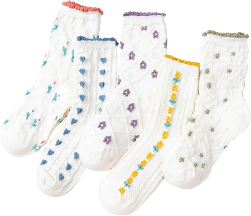 MarJunSep Cute Floral Crew Socks for Women Teen Girls Flower Cottagecore Frilly Vintage Fancy Cotton Socks - Image 1